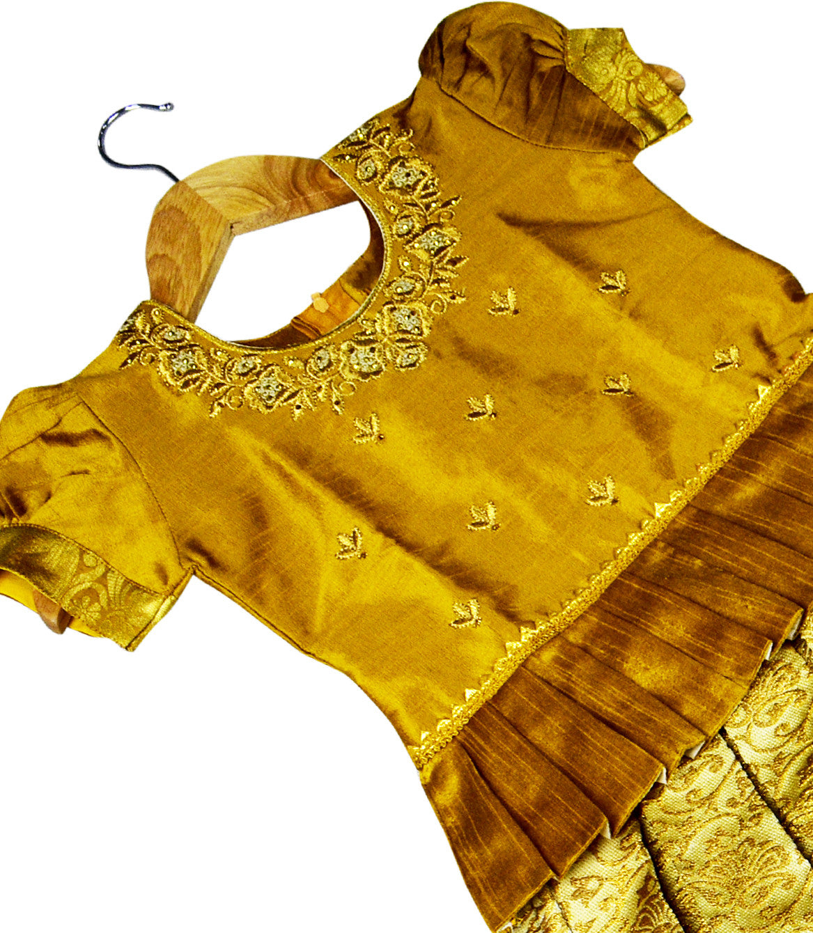 Gold Traditional Pattu Pavadai Lehenga Choli - Make her Beautiful