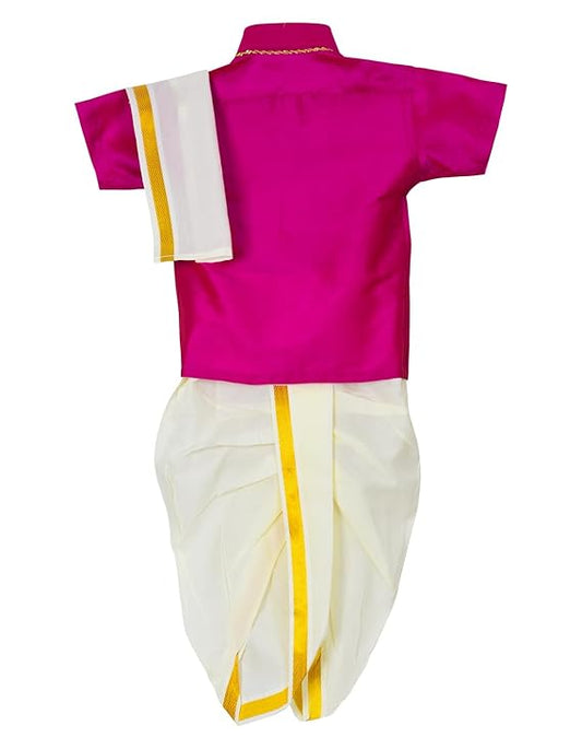 Traditional Pancha Dhoti & Pink Shirt Set - Buy Now