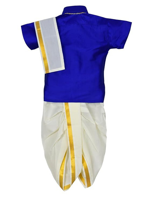 Kids Traditional Pancha Dhoti & Blue Shirt Set - Buy Now !