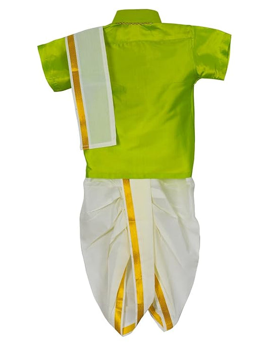 Kids Traditional Pancha Dhoti & Green Shirt Set - Buy Now