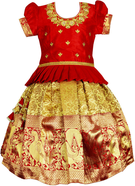 Red Traditional Pattu Pavadai Pattu Lehenga Choli- Shop Now