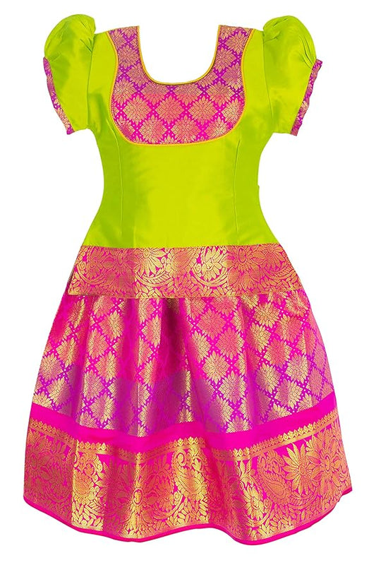 Green and pink Pattu Pavadai Lehenga Choli - Make her Beautiful