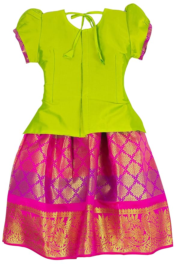 Green and pink Pattu Pavadai Lehenga Choli - Make her Beautiful