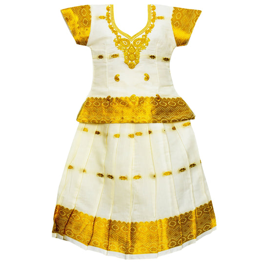 White Gold Kerala Lehenga Choli Pattu Pavadai- Sparkle !