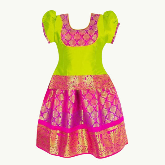 Green and pink Pattu Pavadai Lehenga Choli - Make her Beautiful