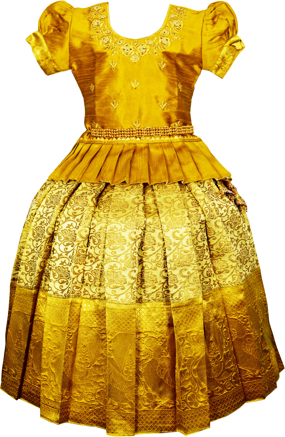 Gold Traditional Pattu Pavadai Lehenga Choli - Make her Beautiful