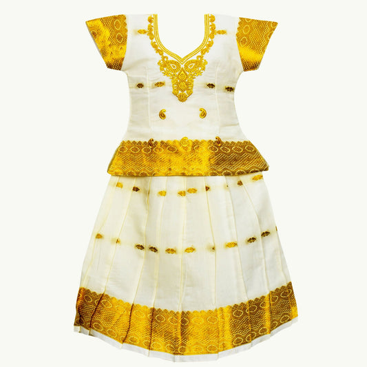 White Gold Kerala Lehenga Choli Pattu Pavadai- Sparkle !