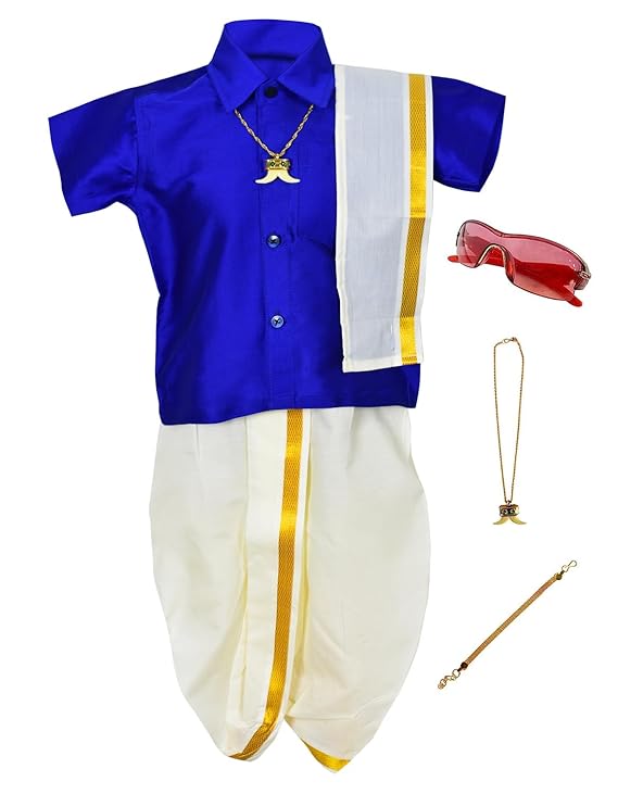 Kids Traditional Pancha Dhoti & Blue Shirt Set - Buy Now !