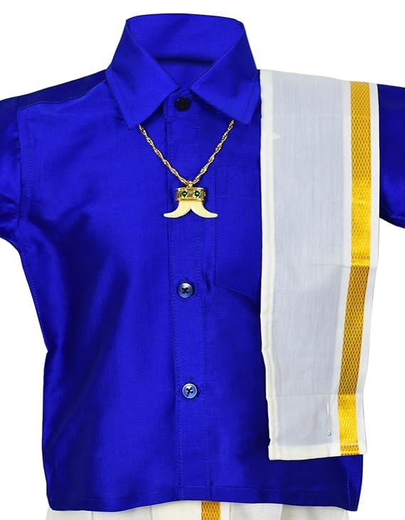 Kids Traditional Pancha Dhoti & Blue Shirt Set - Buy Now !
