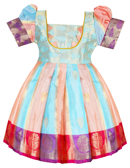 Papa Selvi Banaras Silk Kids Frock Multicolor